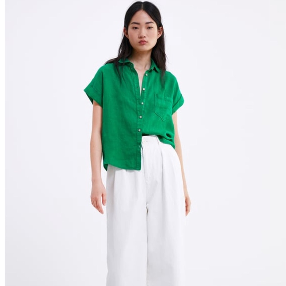 Zara Green Short Sleeve Button-Down Shirt